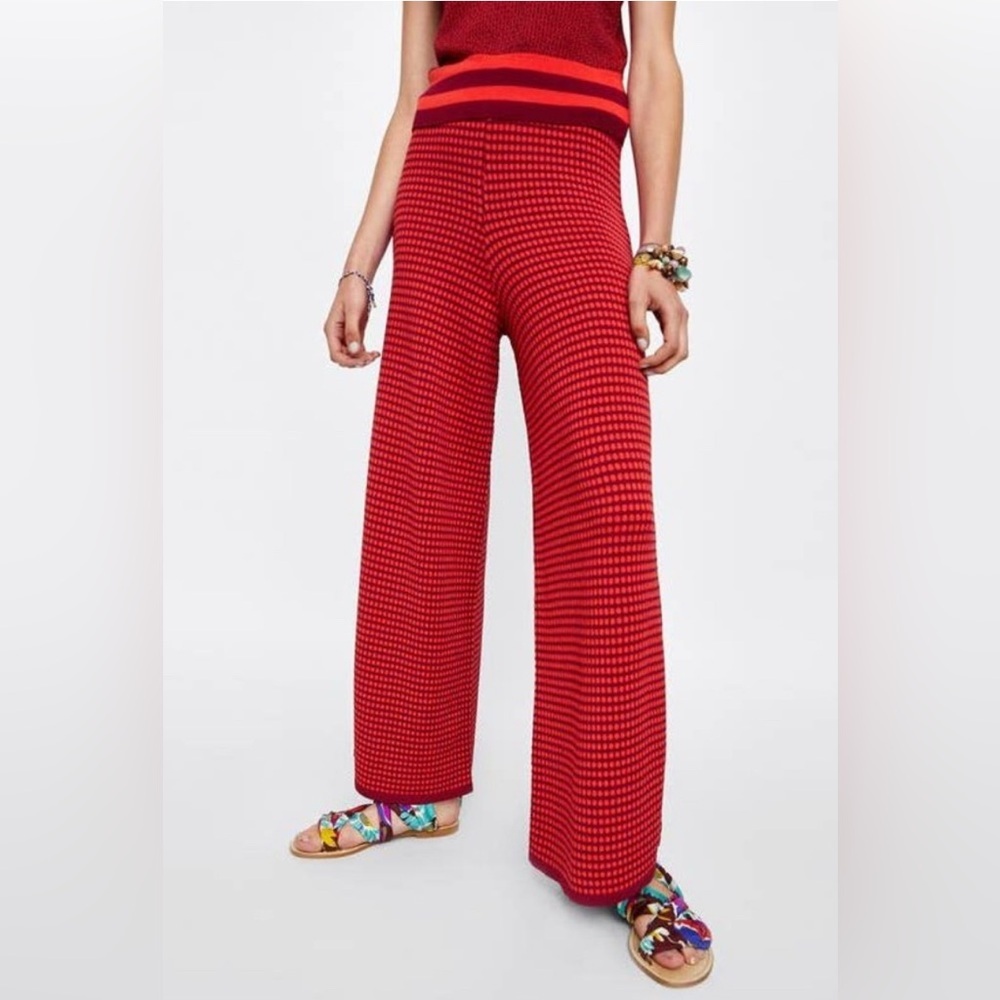 Zara Knit High Waist Two Tone Stretchy Flared Leg Size Small Red Purple Retro‎